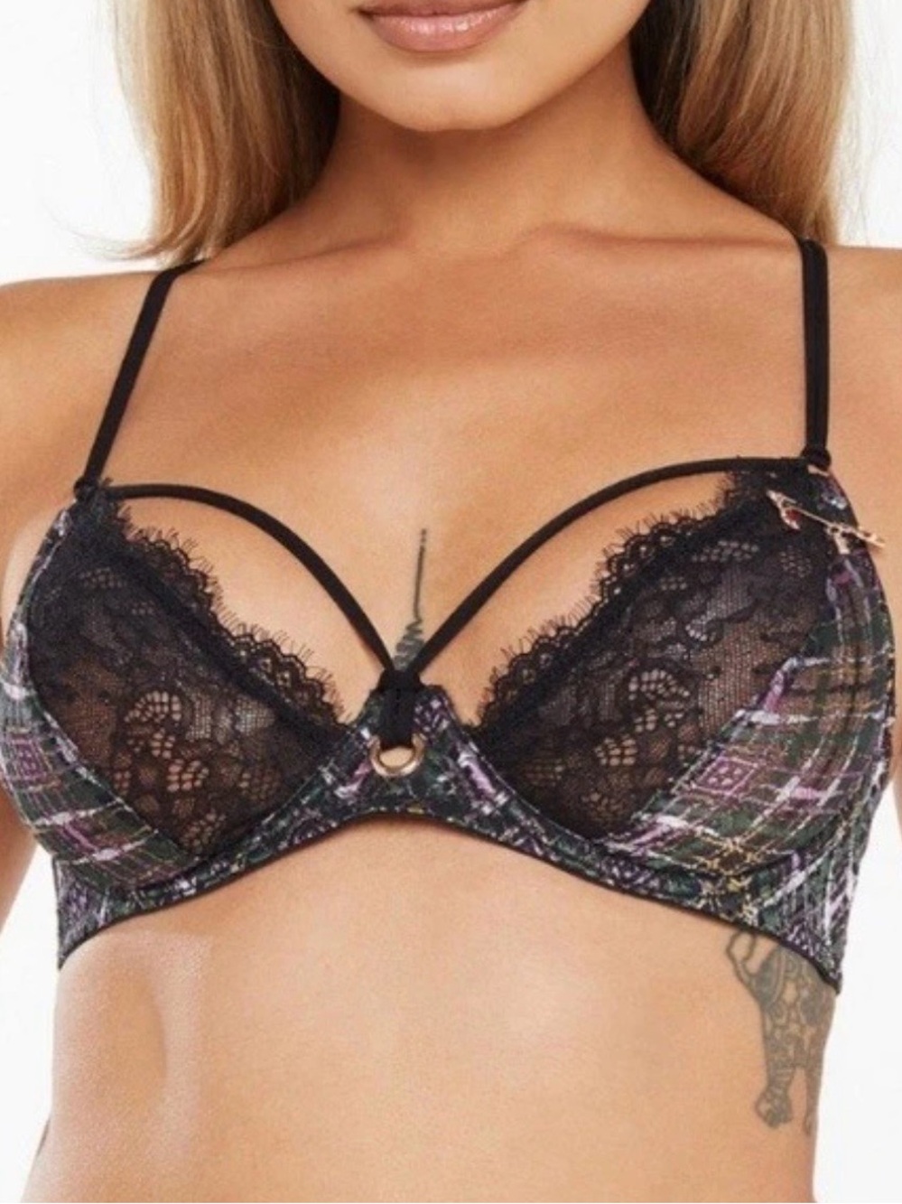 Savage X Fenty Lace trim Plaid in green gold black pink Underwire Bralette 34DD